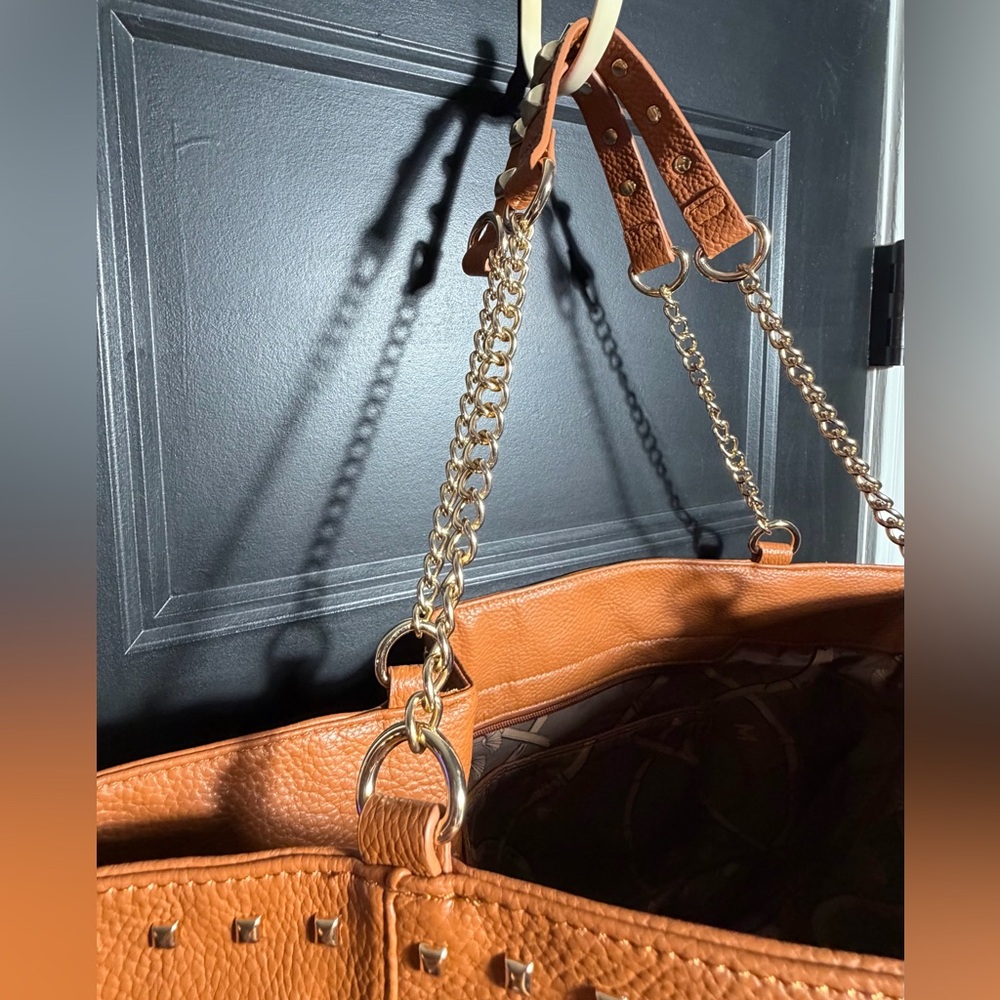 Montana West Large Tan Tote With Gold Tone Chain Straps and Studded Accents - Picture 8 of 15